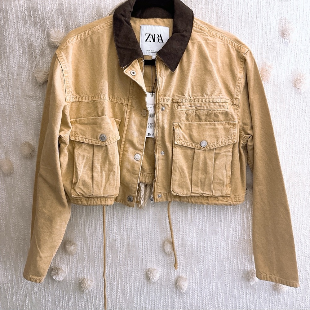 Zara Tan Utility Jacket with Brown Collar Cropped